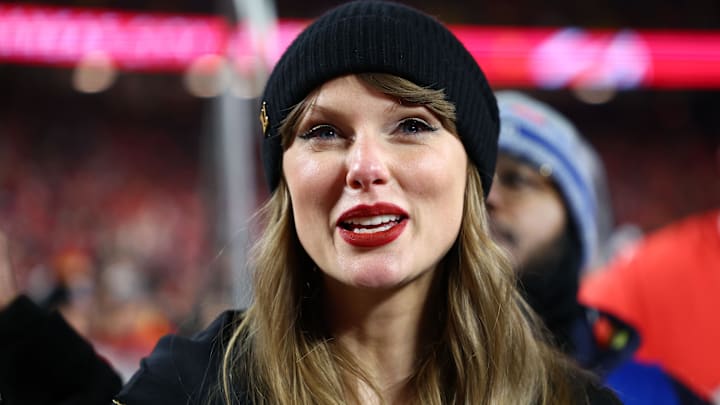 Recording artist Taylor Swift reacts after the AFC Championship game against the Buffalo Bills at GEHA Field at Arrowhead Stadium. Recording artist Taylor Swift reacts after the AFC Championship game against the Buffalo Bills at GEHA Field at Arrowhead Stadium.