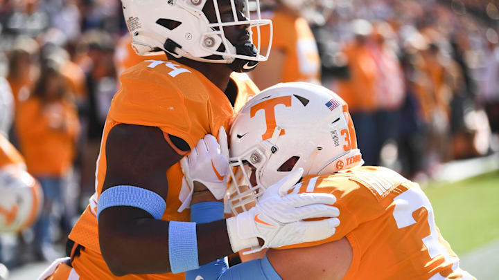 Tennessee linebackers Nick Humphrey (31) and Elijah Herring (44) in their Summitt Blue warming up before the start of the NCAA college football game between Tennessee and UT Martin on Saturday, October 22, 2022 in Knoxville, Tenn.
Utvmartin1012 Tennessee linebackers Nick Humphrey (31) and Elijah Herring (44) in their Summitt Blue warming up before the start of the NCAA college football game between Tennessee and UT Martin on Saturday, October 22, 2022 in Knoxville, Tenn.
Utvmartin1012