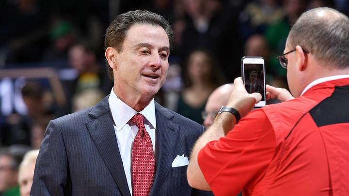 Jan 4, 2017; South Bend, IN, USA; Louisville Cardinals head coach Rick Pitino records a video before the start of the game against the Notre Dame Fighting Irish at the Purcell Pavilion. Notre Dame won 77-70. Mandatory Credit: Matt Cashore-USA TODAY Sports