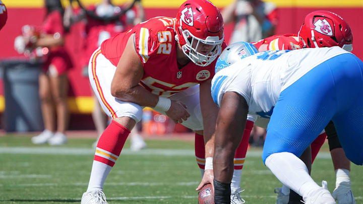 Aug 17, 2024; Kansas City, Missouri, USA; Kansas City Chiefs center Creed Humphrey (52) on the line of scrimmage against the Detroit Lions during the game at GEHA Field at Arrowhead Stadium. Mandatory Credit: Denny Medley-Imagn Images