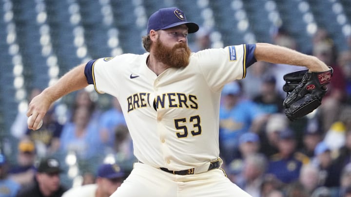 Aug 25, 2025; Milwaukee, Wisconsin, USA; Milwaukee Brewers pitcher Brandon Woodruff (53) delivers a pitch abasing the Arizona Diamondbacks in the first inning at American Family Field. Mandatory Credit: Michael McLoone-Imagn Images
