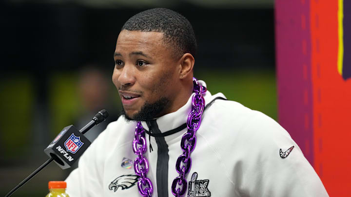 Philadelphia Eagles running back Barkley speaks during Super Bowl LIX Opening Night at Ceasars Superdome. 
