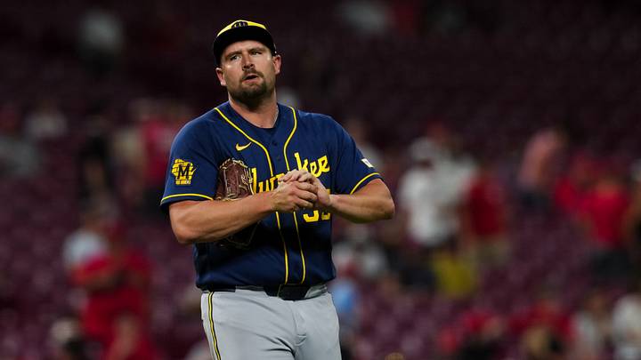 Jun 24, 2026; Cincinnati, Ohio, USA; Milwaukee Brewers pitcher Joel Kuhnel (59) prepares to throw against the Cincinnati Reds in the ninth inning at Great American Ball Park. Mandatory Credit: Aaron Doster-Imagn Images Jun 24, 2026; Cincinnati, Ohio, USA; Milwaukee Brewers pitcher Joel Kuhnel (59) prepares to throw against the Cincinnati Reds in the ninth inning at Great American Ball Park. Mandatory Credit: Aaron Doster-Imagn Images