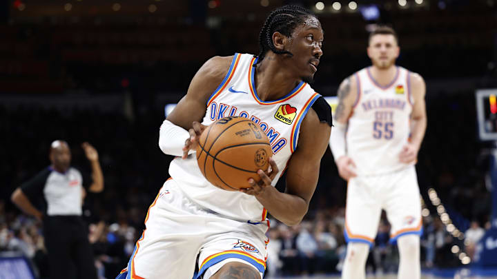 Nov 20, 2024; Oklahoma City, Oklahoma, USA; Oklahoma City Thunder forward Jalen Williams (8) moves the ball against Portland Trail Blazers during the second half at Paycom Center. Mandatory Credit: Alonzo Adams-Imagn Images