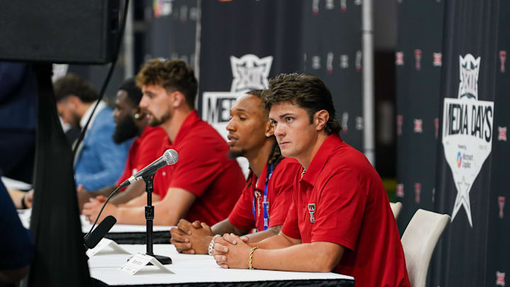 Jul 8, 2025; Frisco, TX, USA; Texas Tech quarterback Behren Morton answers questions from the media during 2025 Big 12 Football Media Days at The Star. Mandatory Credit: Raymond Carlin III-Imagn Images