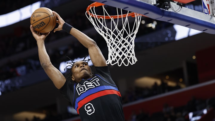 Jan 4, 2025; Detroit, Michigan, USA;  Detroit Pistons forward Ausar Thompson (9) dunks in the first half against the Minnesota Timberwolves at Little Caesars Arena. Mandatory Credit: Rick Osentoski-Imagn Images