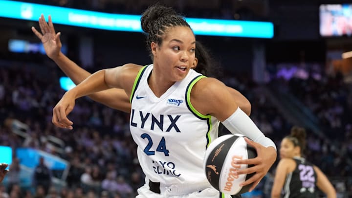 Jun 1, 2025; San Francisco, California, USA; Minnesota Lynx forward Napheesa Collier (24) handles the ball against the Golden State Valkyries during the first quarter at Chase Center. Mandatory Credit: Darren Yamashita-Imagn Images
