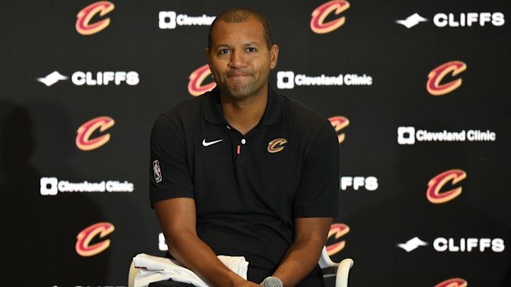Sep 14, 2022; Cleveland, OH, USA; Cleveland Cavaliers president of basketball operations Koby Altman during an introductory press conference at Rocket Mortgage FieldHouse. Mandatory Credit: David Richard-Imagn Images