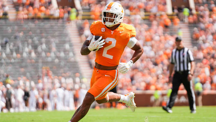 Tennessee running back Peyton Lewis (2) runs the ball into the end zone for a touchdown during a NCAA football game between Tennessee and UAB at Neyland Stadium in Knoxville, Tenn., September 20, 2025.