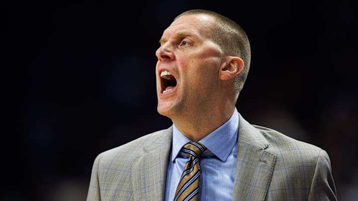 Nov 26, 2025; Lexington, Kentucky, USA; Kentucky Wildcats head coach Mark Pope yells to his players during the first half against the Tennessee Tech Golden Eagles at Rupp Arena at Central Bank Center. Mandatory Credit: Jordan Prather-Imagn Images