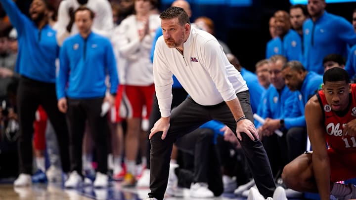 Mississippi head coach Chris Beard works with his team against Auburn during the second half of a Southeastern Conference tournament quarterfinal game at Bridgestone Arena in Nashville, Tenn., Friday, March 14, 2025. Mississippi head coach Chris Beard works with his team against Auburn during the second half of a Southeastern Conference tournament quarterfinal game at Bridgestone Arena in Nashville, Tenn., Friday, March 14, 2025.