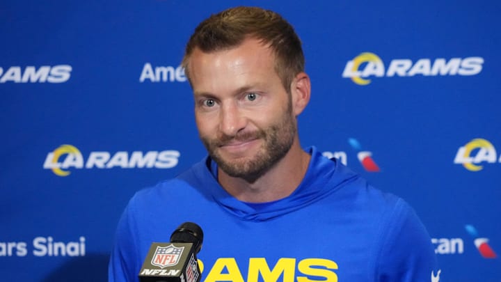 Oct 19, 2025; London, United Kingdom; Los Angeles Rams head coach Sean McVay at a press conference after a NFL International Series game against the Jacksonville Jaguars at Wembley Stadium. Mandatory Credit: Kirby Lee-Imagn Images