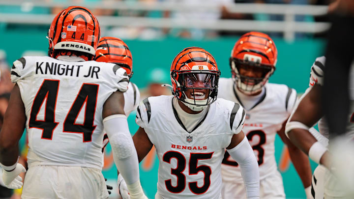 Dec 21, 2025; Miami Gardens, Florida, USA; Cincinnati Bengals cornerback Jalen Davis (35) celebrates an interception during the third quarter against the Miami Dolphins at Hard Rock Stadium. Mandatory Credit: Sam Navarro-Imagn Images