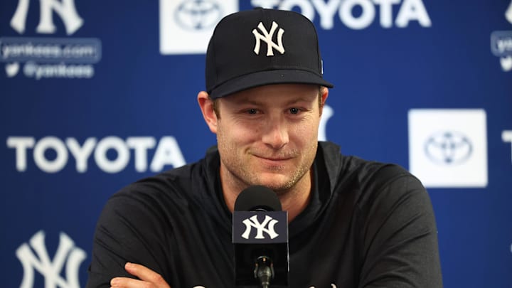 Feb 16, 2023; Tampa, FL, USA; New York Yankees starting pitcher Gerrit Cole (45) talks with media during a press conference at George M. Steinbrenner Field. Mandatory Credit: Kim Klement-Imagn Images