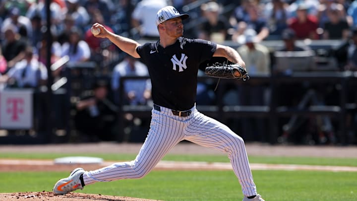 Mar 11, 2025; Tampa, Florida, USA; New York Yankees pitcher Clarke Schmidt (36) throws a pitch against the Baltimore Orioles in the first inning during spring training at George M. Steinbrenner Field. 
