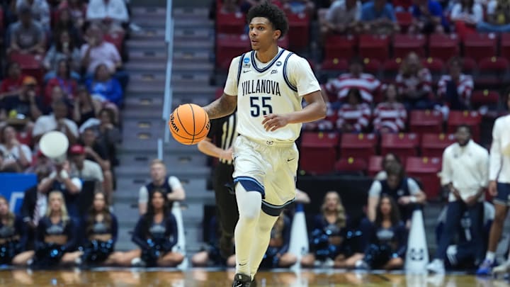 Mar 20, 2026; San Diego, CA, USA; Villanova Wildcats guard Acaden Lewis (55) controls the ball against the Utah State Aggies in the second half during a first round game of the men's 2026 NCAA Tournament at Viejas Arena. Mandatory Credit: Kirby Lee-Imagn Images