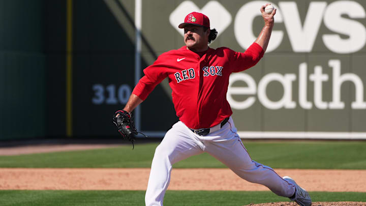 Feb 26, 2026; Fort Myers, Florida, USA;  Boston Red Sox pitcher Payton Tolle (70) throws a pitch in the sixth inning against the Tampa Bay Rays at JetBlue Park at Fenway South. Mandatory Credit: Jim Rassol-Imagn Images