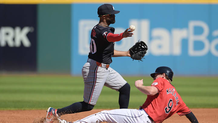 Minnesota Twins shortstop Willi Castro (50) forces out Cleveland Guardians designated hitter Kyle Manzardo (9) and turns the double play during the third inning at Progressive Field in Cleveland on Sept. 19, 2024. Minnesota Twins shortstop Willi Castro (50) forces out Cleveland Guardians designated hitter Kyle Manzardo (9) and turns the double play during the third inning at Progressive Field in Cleveland on Sept. 19, 2024.