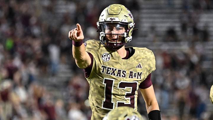 Texas A&M Aggies quarterback Brady Hart (13) motions during the fourth quarter against the Arkansas Razorbacks at Kyle Field. Texas A&M Aggies quarterback Brady Hart (13) motions during the fourth quarter against the Arkansas Razorbacks at Kyle Field.