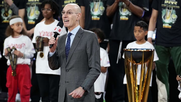 Dec 17, 2024; Las Vegas, Nevada, USA; NBA commissioner Adam Silver presents the trophy to the Milwaukee Bucks after they won the Emirates NBA Cup championship game against the Oklahoma City Thunder at T-Mobile Arena. Mandatory Credit: Kyle Terada-Imagn Images