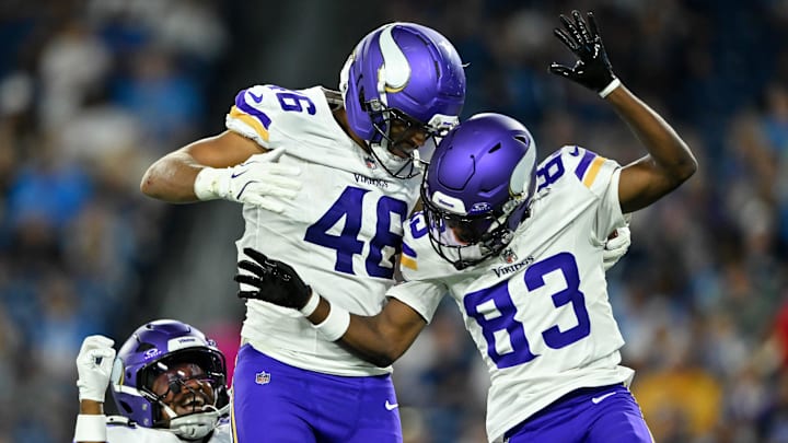 Aug 22, 2025; Nashville, Tennessee, USA;  Minnesota Vikings tight end Bryson Nesbit (46) celebrates his touchdown with wide receiver Silas Bolden (83) against the Tennessee Titan during the second half at Nissan Stadium. Mandatory Credit: Steve Roberts-Imagn Images