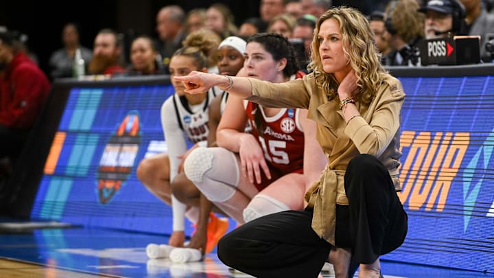 Oklahoma coach Jennie Baranczyk looks on during the Sooners' Sweet 16 contest with South Carolina.
