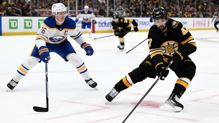 Apr 23, 2026; Boston, Massachusetts, USA; Boston Bruins center Mark Kastelic (47) and Buffalo Sabres defenseman Rasmus Dahlin (26) battle for the puck during the third period of game three of the first round of the 2026 Stanley Cup Playoffs at the TD Garden. Mandatory Credit: Brian Fluharty-Imagn Images