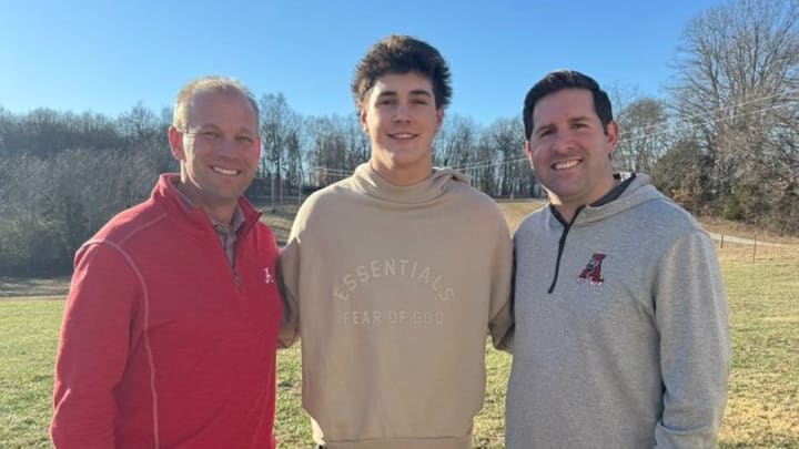 2026 quarterback Jared Curtis with Alabama coaches Kalen DeBoer and Nick Sheridan