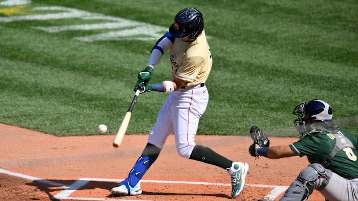 Jul 8, 2023; Seattle, Washington, USA; American League Futures shortstop Marcelo Mayer (10) of the Boston Red Sox hits a single against the National League during the first inning of the All Star-Futures game at T-Mobile Park. Mandatory Credit: Steven Bisig-USA TODAY Sports