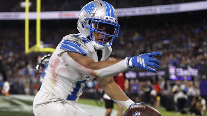 Sep 22, 2025; Baltimore, Maryland, USA; Detroit Lions wide receiver Amon-Ra St. Brown (14) reacts after a touchdown against the Baltimore Ravens during the second half at M&T Bank Stadium. Mandatory Credit: Peter Casey-Imagn Images Sep 22, 2025; Baltimore, Maryland, USA; Detroit Lions wide receiver Amon-Ra St. Brown (14) reacts after a touchdown against the Baltimore Ravens during the second half at M&T Bank Stadium. Mandatory Credit: Peter Casey-Imagn Images