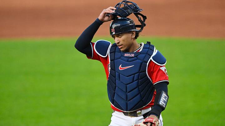 Apr 28, 2026: Cleveland Guardians catcher Bo Naylor (23) walks on the field in the sixth inning against the Tampa Bay Rays at Progressive Field. Credit: David Richard-Imagn Images