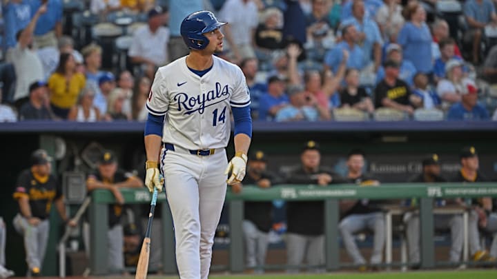 Jul 9, 2025; Kansas City, Missouri, USA;  Kansas City Royals right fielder Jac Caglianone (14) looks on after hitting a two-run home run in the fourth inning against the Pittsburgh Pirates at Kauffman Stadium. Mandatory Credit: Peter Aiken-Imagn Images