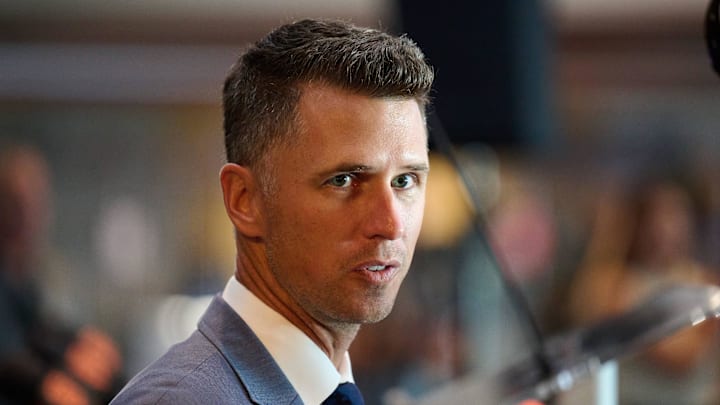 Oct 1, 2024; San Francisco, CA, USA; San Francisco Giants president of baseball operations Buster Posey speaks with the media after an introductory press conference at Oracle Park.  