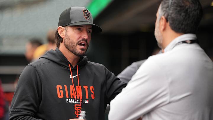 Apr 25, 2026; San Francisco, California, USA; San Francisco Giants manager Tony Vitello (left) before the game against the Miami Marlins at Oracle Park. Mandatory Credit: Darren Yamashita-Imagn Images