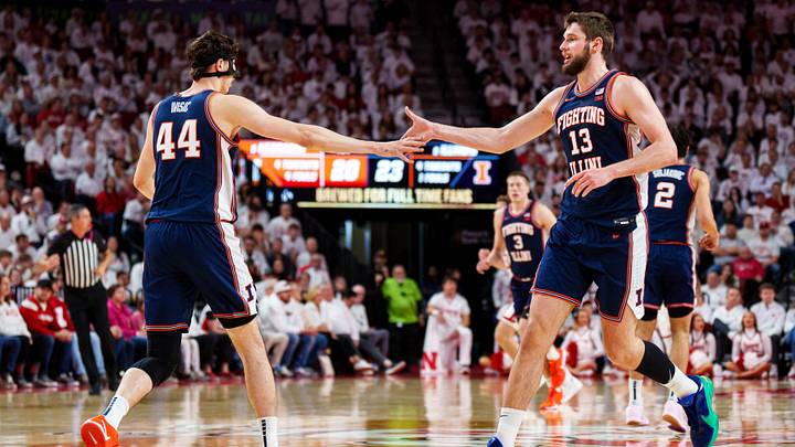Feb 1, 2026; Lincoln, Nebraska, USA; Illinois Fighting Illini center Tomislav Ivisic (13) and center Zvonimir Ivisic (44) celebrate after a shot in the first half against the Nebraska Cornhuskers at Pinnacle Bank Arena. Mandatory Credit: Dylan Widger-Imagn Images Feb 1, 2026; Lincoln, Nebraska, USA; Illinois Fighting Illini center Tomislav Ivisic (13) and center Zvonimir Ivisic (44) celebrate after a shot in the first half against the Nebraska Cornhuskers at Pinnacle Bank Arena. Mandatory Credit: Dylan Widger-Imagn Images
