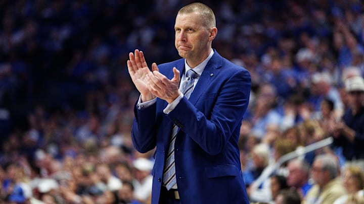 Mar 7, 2026; Lexington, Kentucky, USA; Kentucky Wildcats head coach Mark Pope claps during the first half against the Florida Gators at Rupp Arena at Central Bank Center. Mandatory Credit: Jordan Prather-Imagn Images