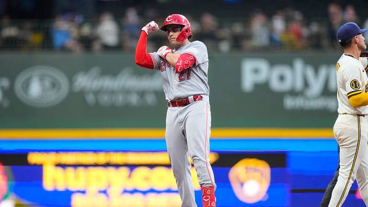 Jun 30, 2026; Milwaukee, Wisconsin, USA; Cincinnati Reds first baseman Sal Stewart (27) celebrates at second base after hitting an RBI double during the sixth inning against the Milwaukee Brewers at American Family Field. Mandatory Credit: Jeff Hanisch-Imagn Images Jun 30, 2026; Milwaukee, Wisconsin, USA; Cincinnati Reds first baseman Sal Stewart (27) celebrates at second base after hitting an RBI double during the sixth inning against the Milwaukee Brewers at American Family Field. Mandatory Credit: Jeff Hanisch-Imagn Images