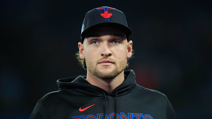 Apr 24, 2026; Toronto, Ontario, CAN; Toronto Blue Jays pitcher Trey Yesavage (39) looks on before playing the Cleveland Guardians at Rogers Centre. 