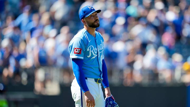 May 24, 2026; Kansas City, Missouri, USA; Kansas City Royals pitcher Lucas Erceg (60) reacts during the ninth inning against the Seattle Mariners at Kauffman Stadium. Mandatory Credit: Jay Biggerstaff-Imagn Images