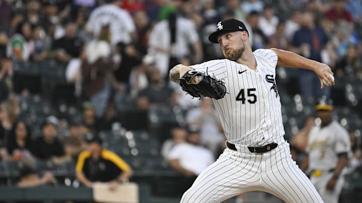 Sep 13, 2024; Chicago, Illinois, USA; Chicago White Sox pitcher Garrett Crochet (45) delivers against the Oakland Athletics during the first inning at Guaranteed Rate Field. Sep 13, 2024; Chicago, Illinois, USA; Chicago White Sox pitcher Garrett Crochet (45) delivers against the Oakland Athletics during the first inning at Guaranteed Rate Field.