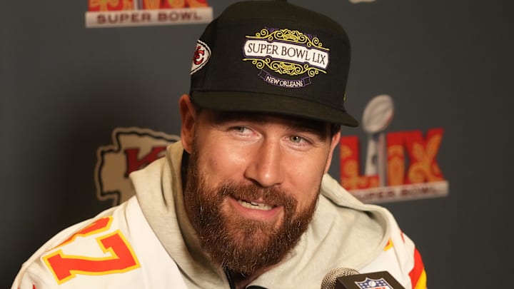 Feb 5, 2025; New Orleans, LA, USA; Kansas City Chiefs tight end Travis Kelce (87) in a press conference ahead of Super Bowl LIX at New Orleans Marriott. Feb 5, 2025; New Orleans, LA, USA; Kansas City Chiefs tight end Travis Kelce (87) in a press conference ahead of Super Bowl LIX at New Orleans Marriott.