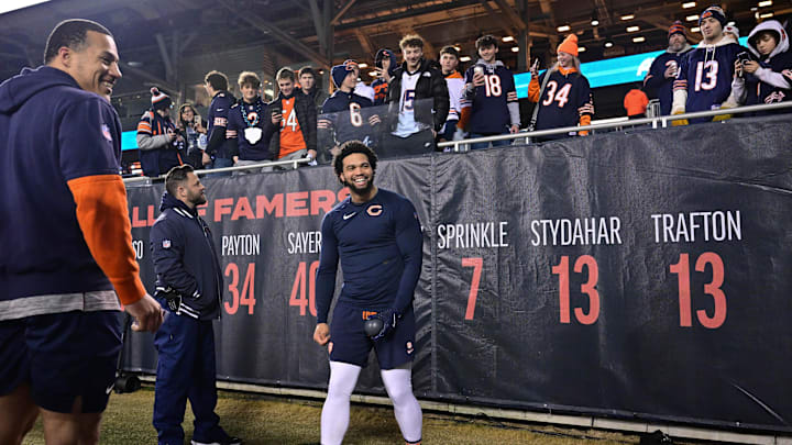 Caleb Williams talks to the fans during pregame prior to the Bears' 6-3 loss to Seattle last December.