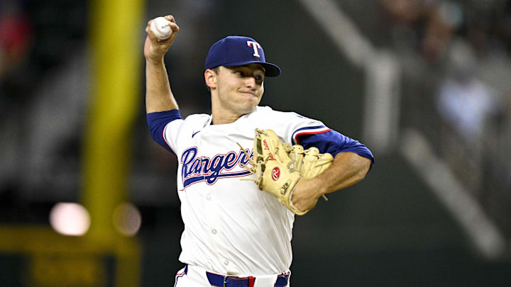 Texas Rangers starting pitcher Jack Leiter pitches in a game.