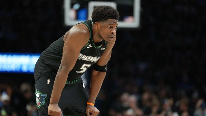May 15, 2026; Minneapolis, Minnesota, USA; Minnesota Timberwolves guard Anthony Edwards (5) looks on against the San Antonio Spurs in the first half during game six of the second round of the 2026 NBA Playoffs at Target Center. Mandatory Credit: Jesse Johnson-Imagn Images