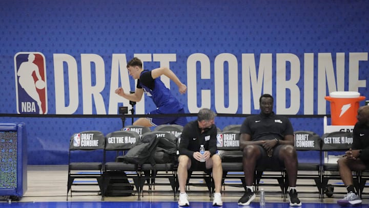 May 13, 2025; Chicago, Il, USA; Cooper Flagg (51) participates in the 2025 NBA Draft Combine at Wintrust Arena. Mandatory Credit: David Banks-Imagn Images