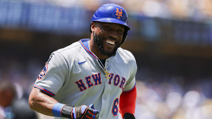 Jun 5, 2025; Los Angeles, California, USA; New York Mets outfielder Starling Marte (6) celebrates after a solo home run against the Los Angeles Dodgers during the second inning at Dodger Stadium. Mandatory Credit: Jason Parkhurst-Imagn Images