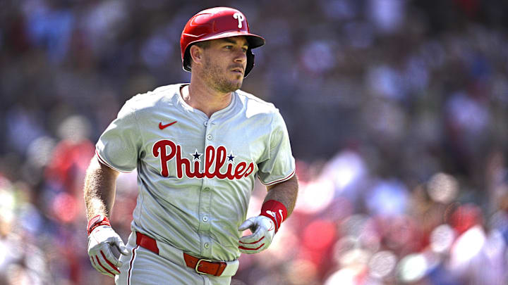 Apr 28, 2024; San Diego, California, USA; Philadelphia Phillies catcher J.T. Realmuto (10) rounds