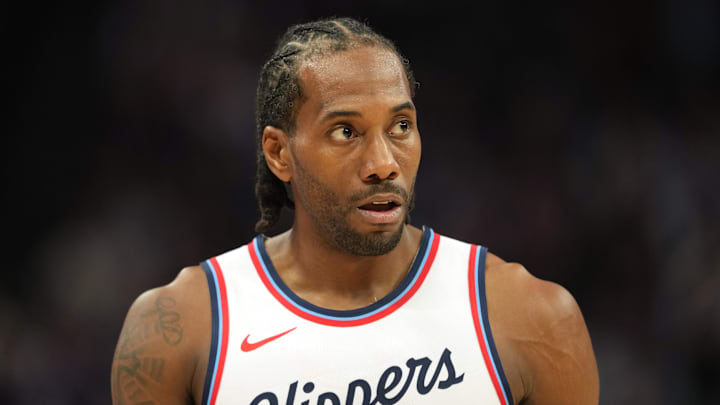 Apr 11, 2025; Sacramento, California, USA; Los Angeles Clippers forward Kawhi Leonard (2) during the fourth quarter against the Sacramento Kings at Golden 1 Center. Mandatory Credit: Darren Yamashita-Imagn Images