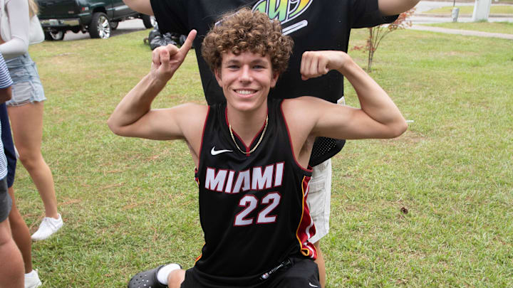 Freshmen Aiden Salyars, top, and Brayden Cross strike a pose in the Argo Village prior to the McKendree vs UWF football game at the University of West Florida in Pensacola on Thursday, Sept. 5, 2024. Freshmen Aiden Salyars, top, and Brayden Cross strike a pose in the Argo Village prior to the McKendree vs UWF football game at the University of West Florida in Pensacola on Thursday, Sept. 5, 2024.