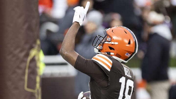 Dec 10, 2023; Cleveland, Ohio, USA; Cleveland Browns wide receiver David Bell (18) celebrates his touchdown run against the Jacksonville Jaguars during the fourth quarter at Cleveland Browns Stadium.
